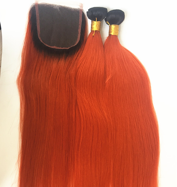 Real Human Hair weft Ombre Color 1b orange  Blonde Package Straight Brazilian Hair Sew In Extensions YL350